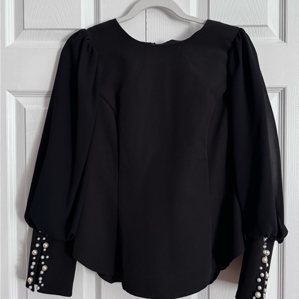 Black blouse -puff sleeves, pearls on cuffs